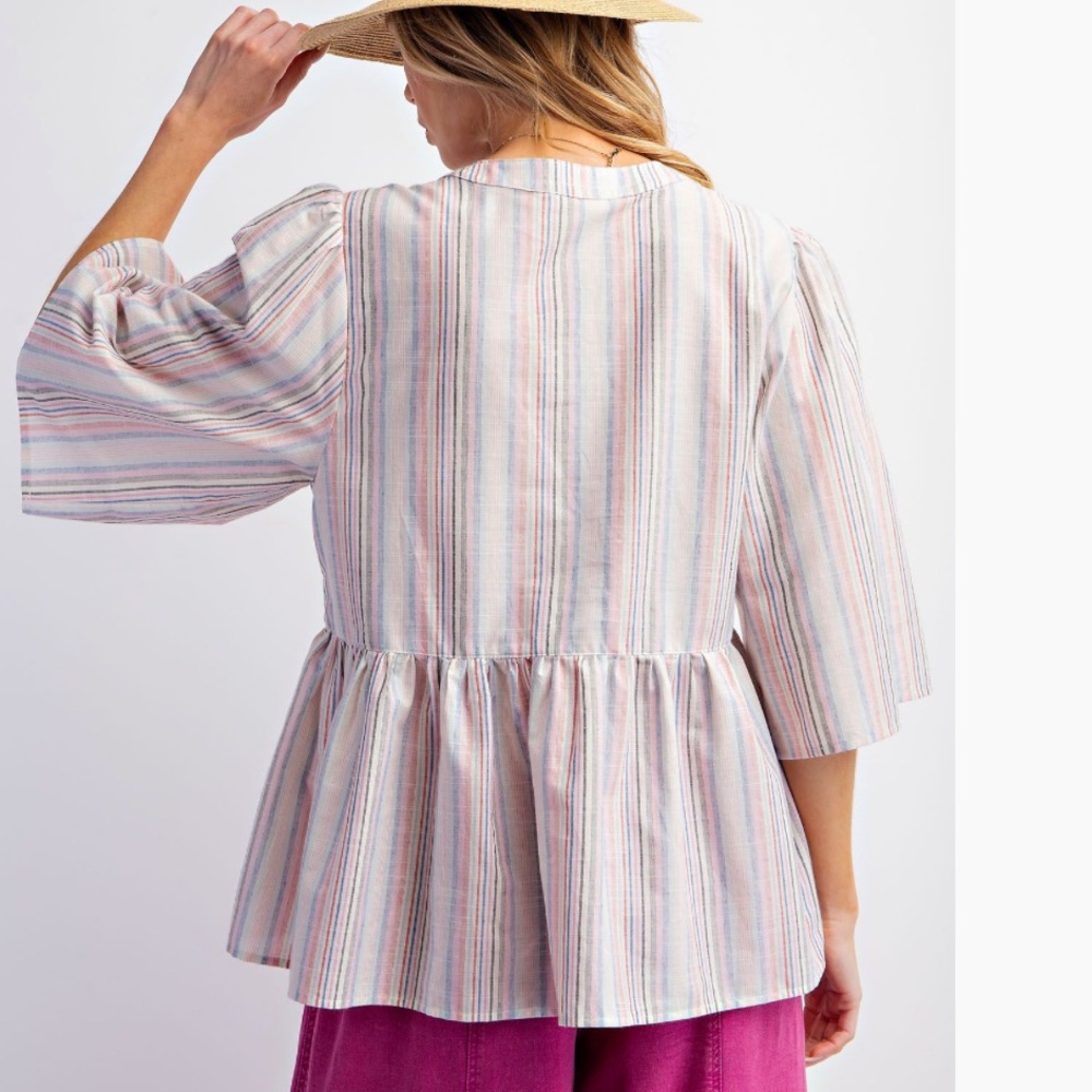 Easel STRIPED COTTON LINEN EMBROIDERED TOP - Picture 2 of 3